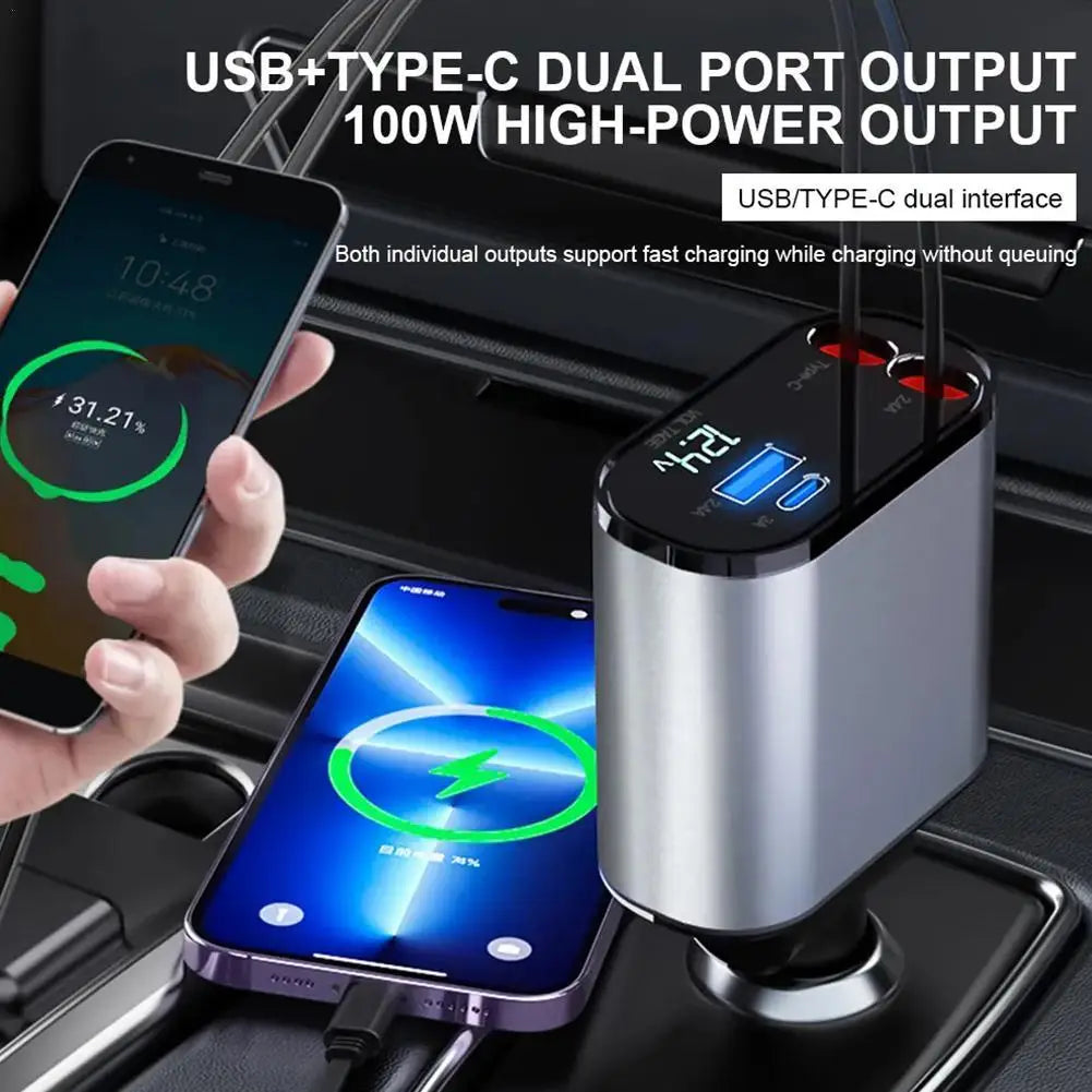 New 100w 4 IN 1 Retractable Fast Charge Car Charger | Type C | iPhone