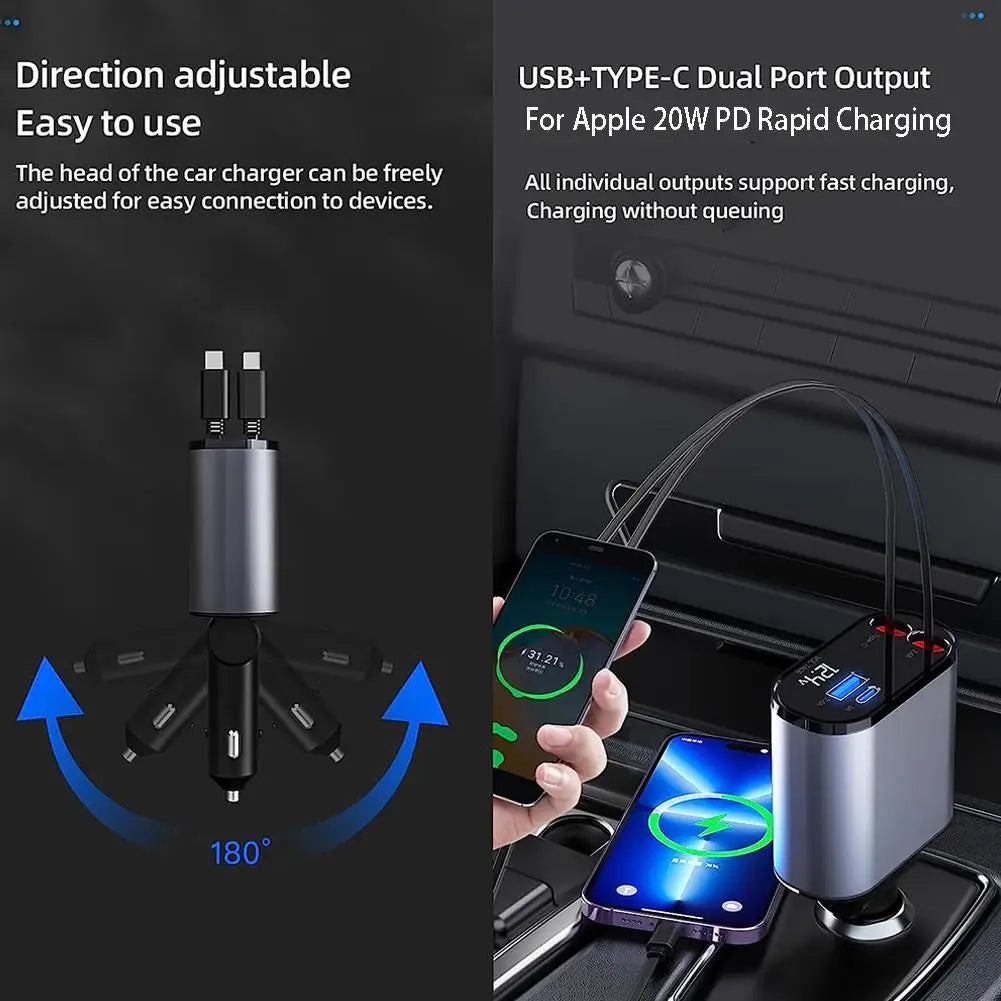 New 100w 4 IN 1 Retractable Fast Charge Car Charger | Type C | iPhone