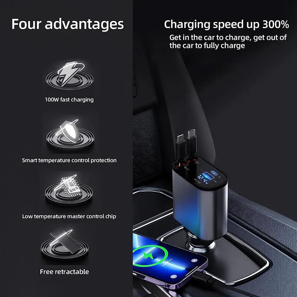 New 100w 4 IN 1 Retractable Fast Charge Car Charger | Type C | iPhone